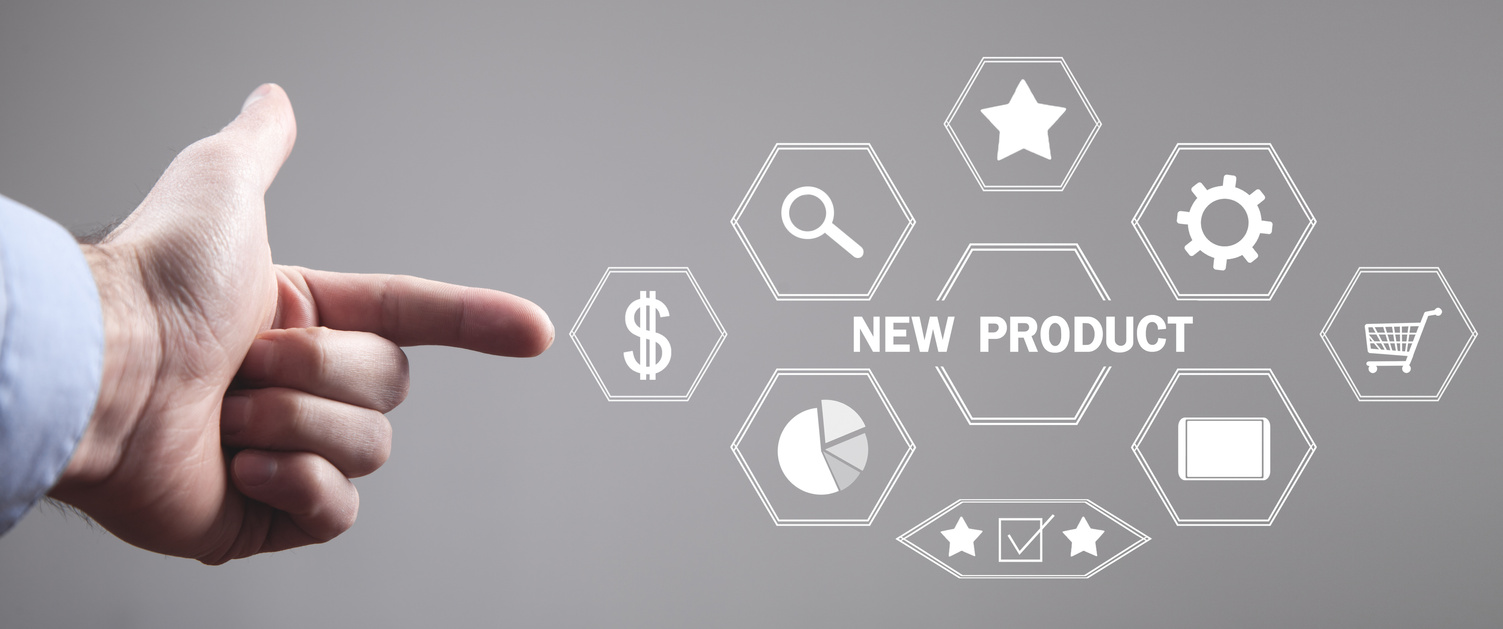 Male hand showing New Product. Business. Development. Technology